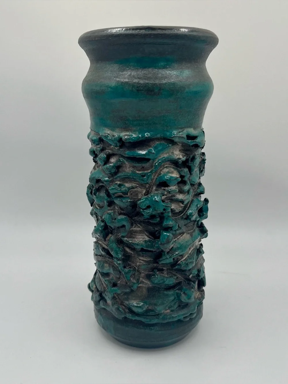 Vintage Glit Studio Iceland Stoneware Mid Century Modern Teal Lava Vase 7.5